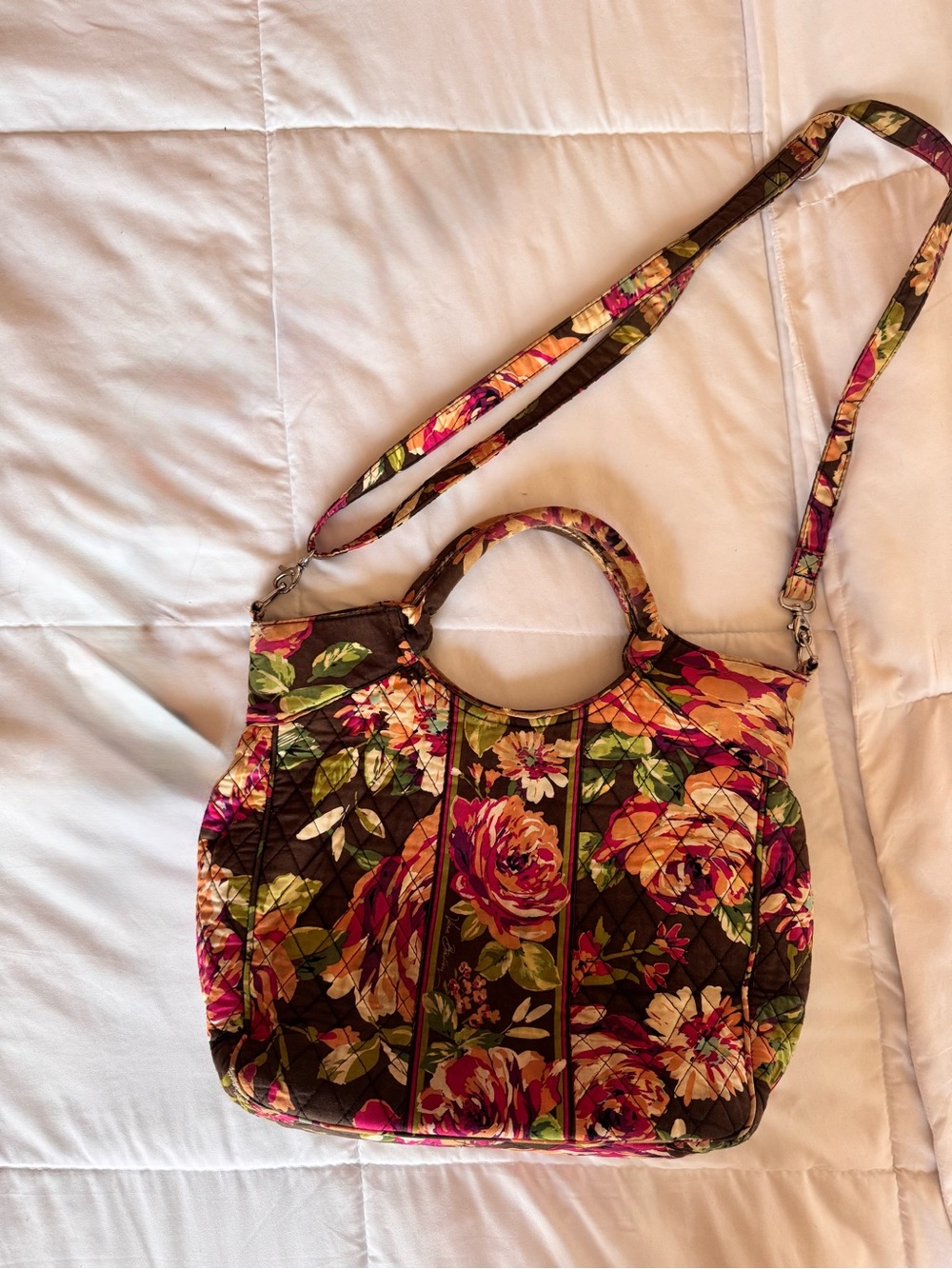 Vera Bradley Brown Quilted Floral Tote with Pink & Green Accents